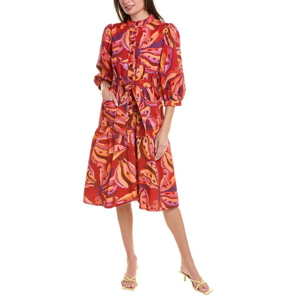 FARM Rio Red Pink Orange Printed Midi Dress